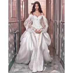 Formal Mermaid Gowns Evening Dress White Elegant Sweetheart Puff Sleeves Lace Appliques Pearls Floor Length Party Prom Dress