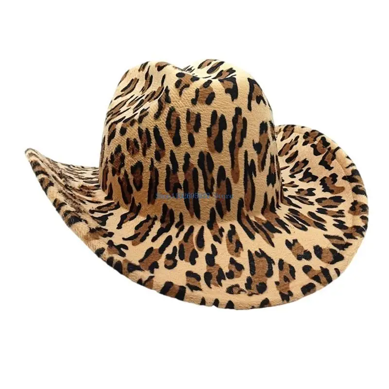 

N7YE Elegant Roll Brims Top Hat with Leopard Pattern Wide Brims Hat for Cosplay Party