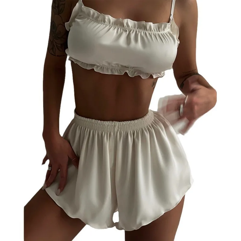 Trendy Satin Pajama Set White Frilled Spaghetti Strap Cami Top And Elastic Shorts Backless Bow Design For Women's Loungewear Pjs