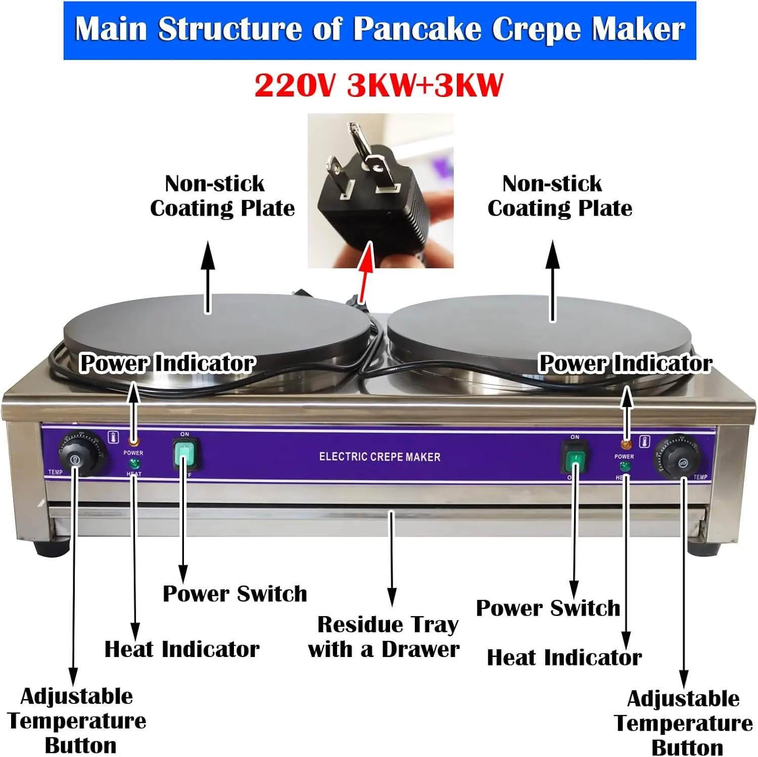 220V Double Electric Crepe Maker 3KW×2 Commercial Pancake Maker Nonstick Pan Griddle Machine Pot for Blintzes Eggs Bacon
