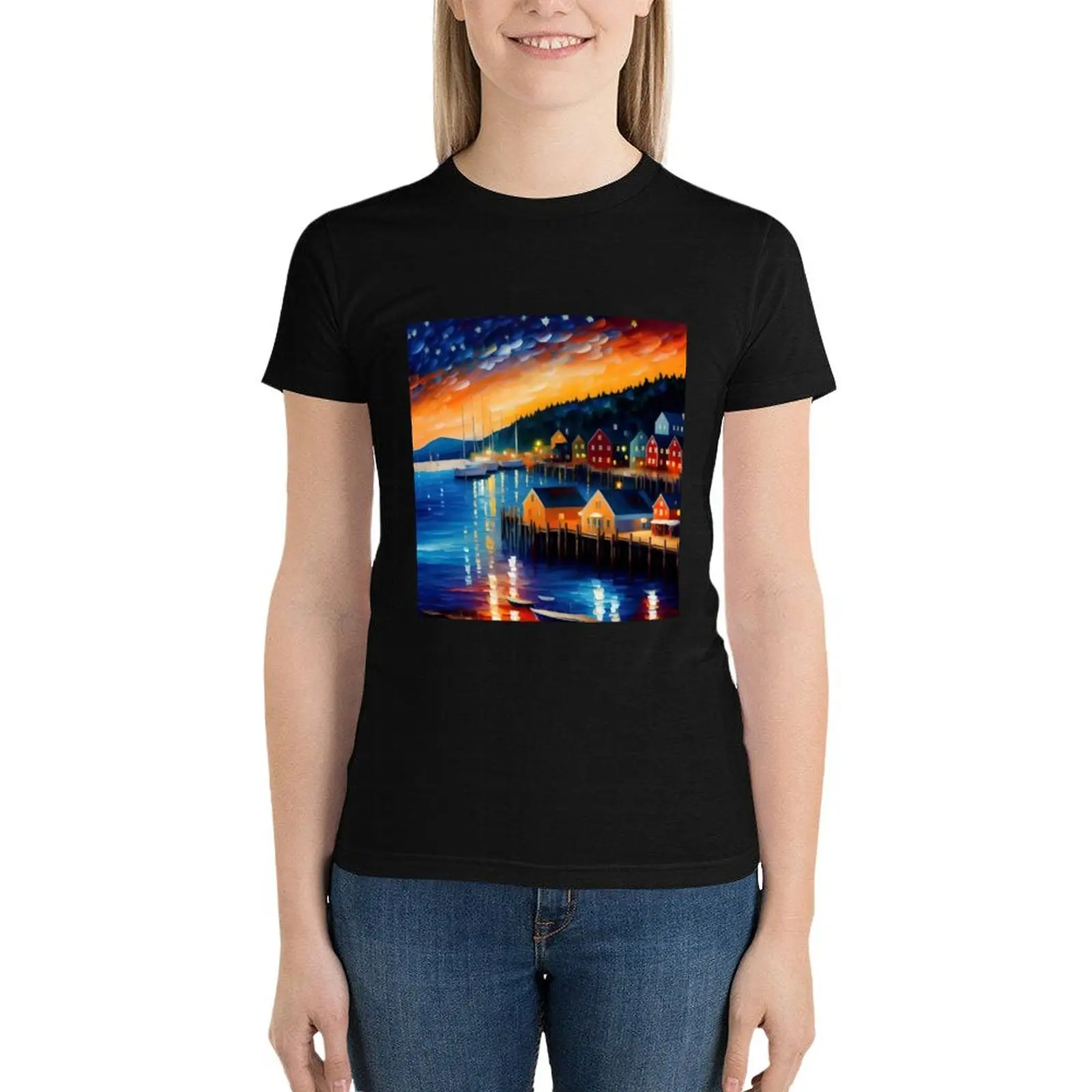 Bar Harbor, Acadia, Mount Desert Island, Maine fishing harbor coastal landscape painting T-Shirt