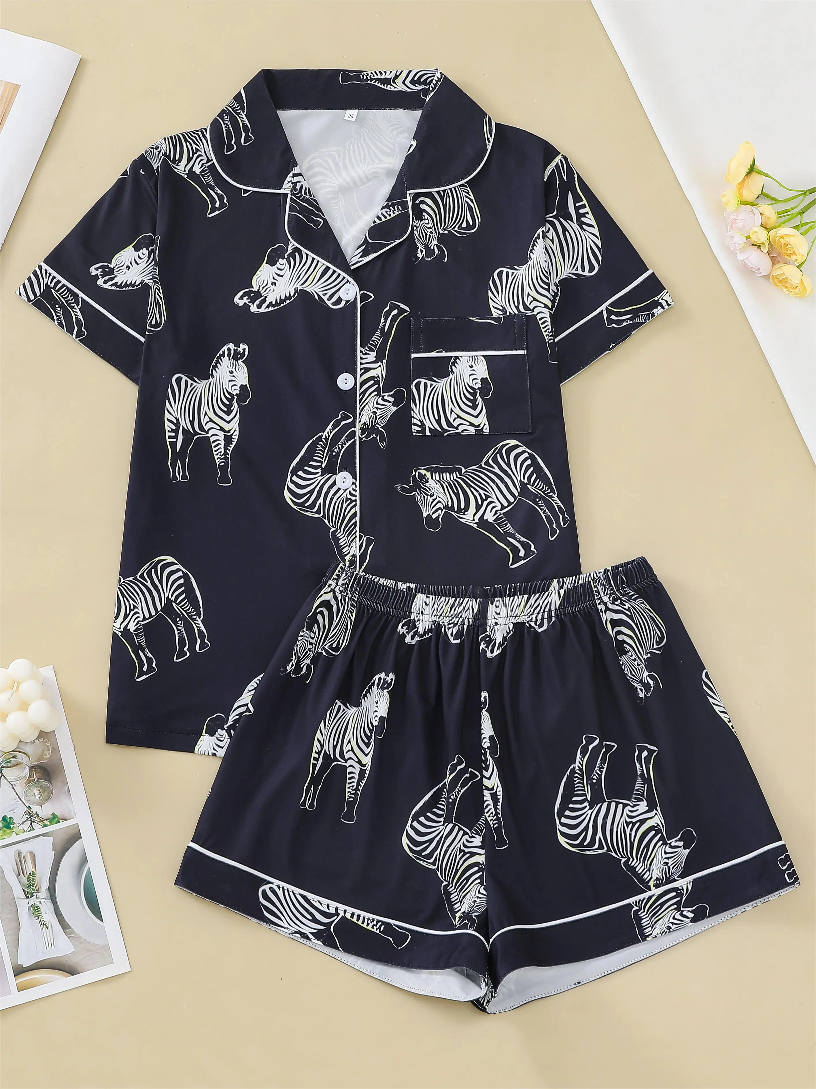 

Повседневная Женская одежда для сна с тропическим принтом зебры, кардиган, топ с коротким рукавом и свободные шорты, удобная женская одежда для сна