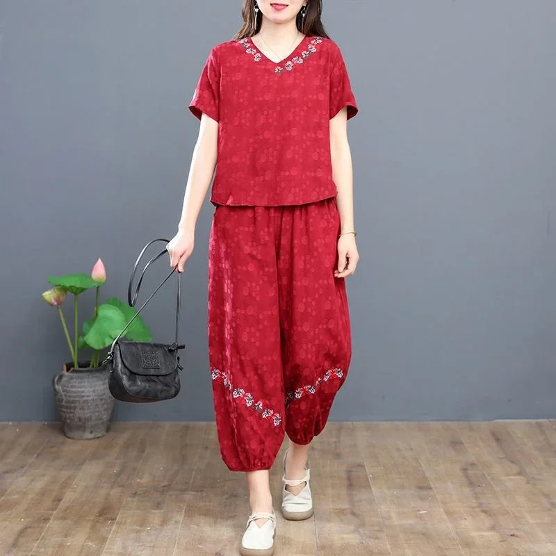 

Women's Ethnic Style Plus Size Suit Spring Summer New Leisure V-Neck Short Sleeved Top Lantern Bound Feet Pants 2 Two Piece Sets
