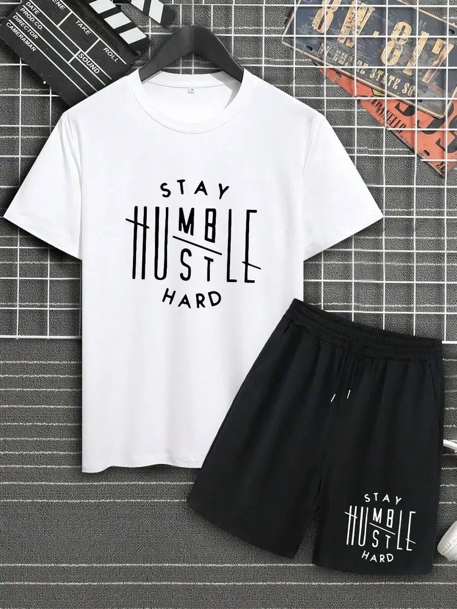 

Mens Letter Print T-Shirt And Drawstring Waist Shorts Set