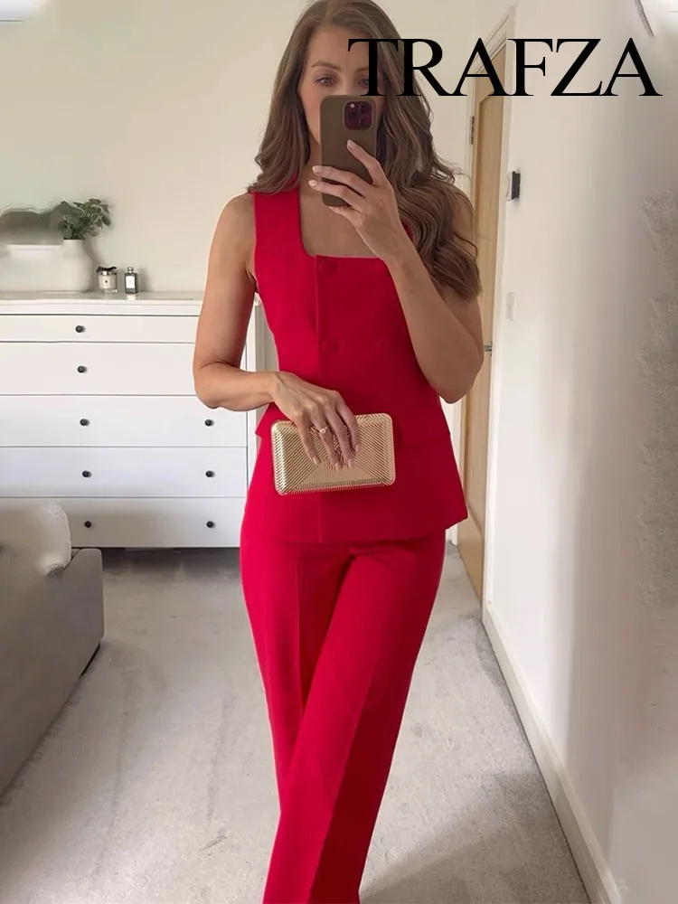 TRAFZA Women Summer Fashion Suits Red Square Neck Sleeveless Pockets Double Breasted Waistcoat Top+Mid-Waist Slit Stralght Pants