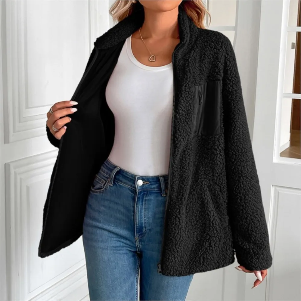 Women's Autumn Winter Solid Color Lamb Fleece Jacket Women's Loose Splicing Casual Zipper With Pocket Jacket Pulls Femmes