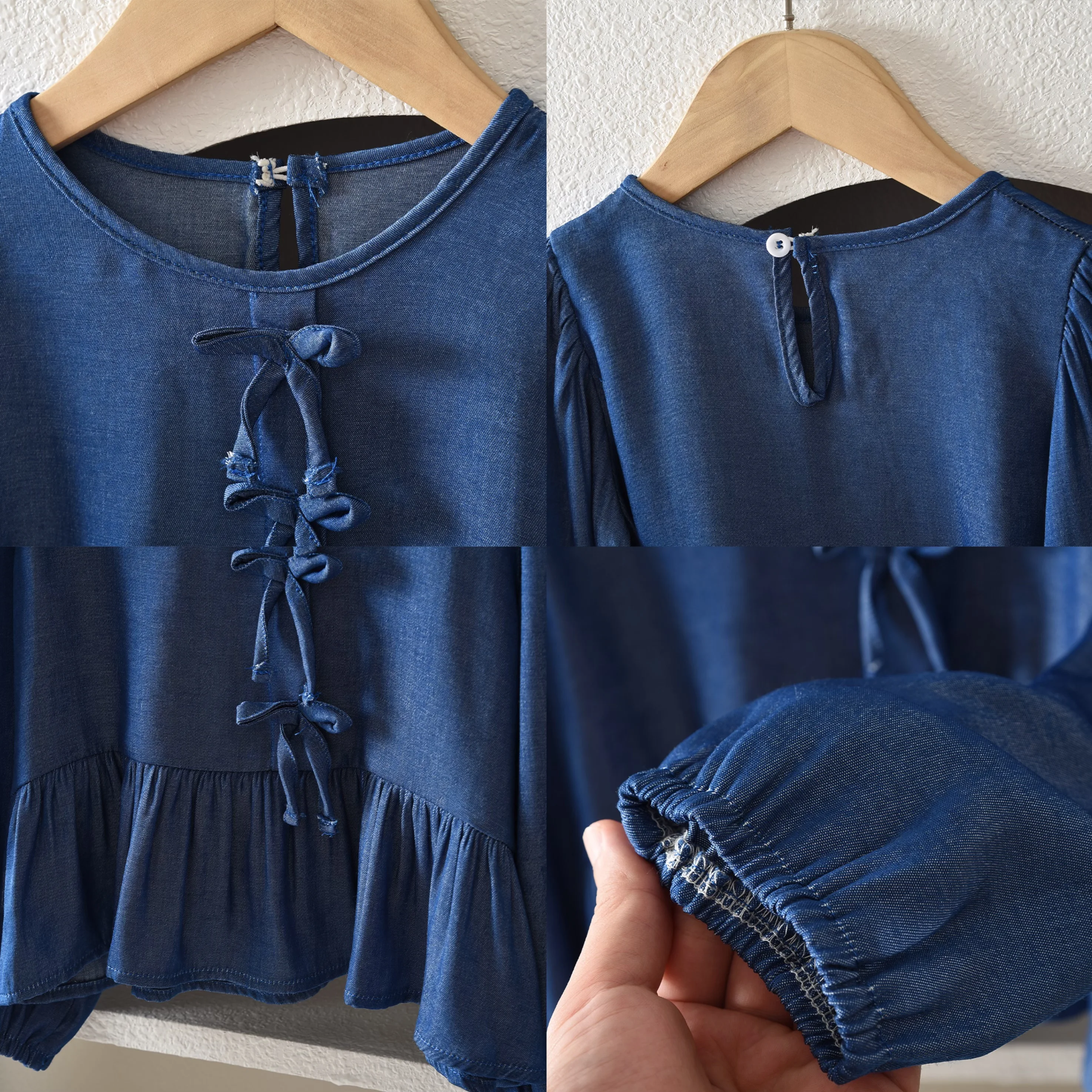 قميص أزرق للفتيات بعمر 3-7 سنوات برقبة دائرية وأكمام طويلة قميص أساسي للأطفال النسخة الكورية العصرية والمتعددة الاستخدامات