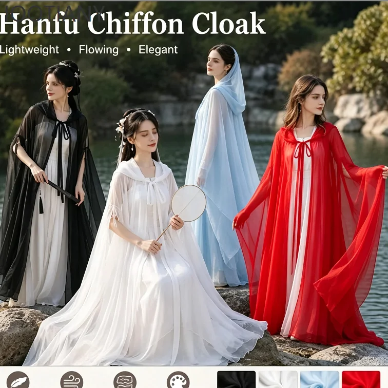Tüll-Feenmantel, fließend, lang, im antiken Stil, mit Kapuze, chinesischer traditioneller Hanfu-Umhang, orientalischer Cosplay-Mantel, Bühnenkostüm – Detail 1