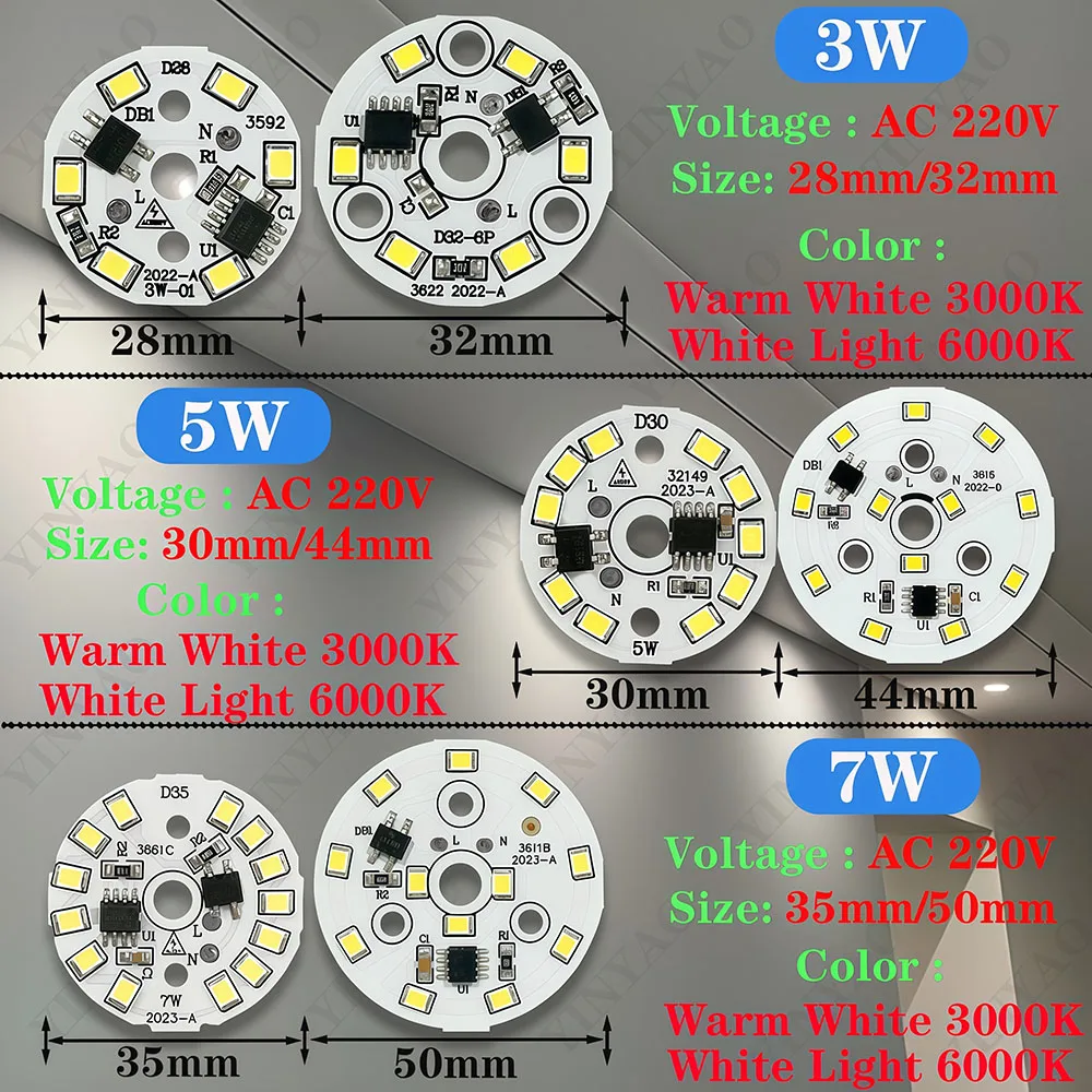 1Pcs AC220V Smart IC Driver LED Lamp Board 3W 5W 7W 9W 12W 15W 18W SMD2835 Chip Light Source Tinned 15cm Cable For DIY Downlight