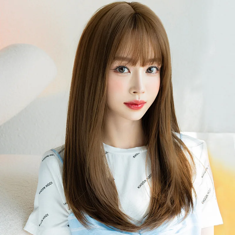 Women's long straight hair full wig with inward-curled air bangs, stylish and age-reducing, new fluffy synthetic wig