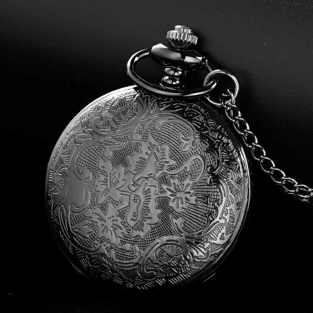 ساعات جيب عصرية مجوفة باللون الأسود للنساء للجنسين، ساعة جيب كوارتز هيكل عظمي عتيق، قلادة تذكارية للرجال