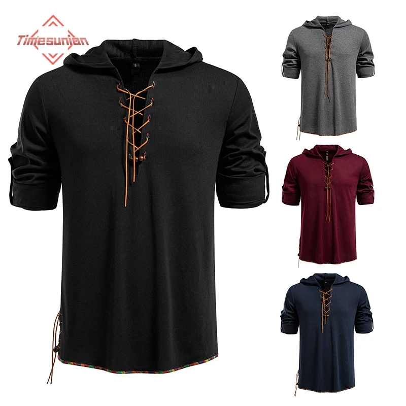 

Мужская футболка в стиле ретро с галстуком в этническом стиле и бисером с капюшоном для мужчин с длинным рукавом в средневековом стиле викингов в стиле хиппи, костюм на Хэллоуин