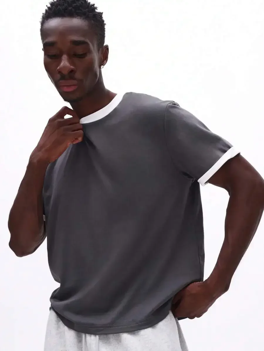 

Classic Short Sleeve Crew Neck T-Shirt With Contrast White Trim Casual Cotton Tee For Everyday Wear