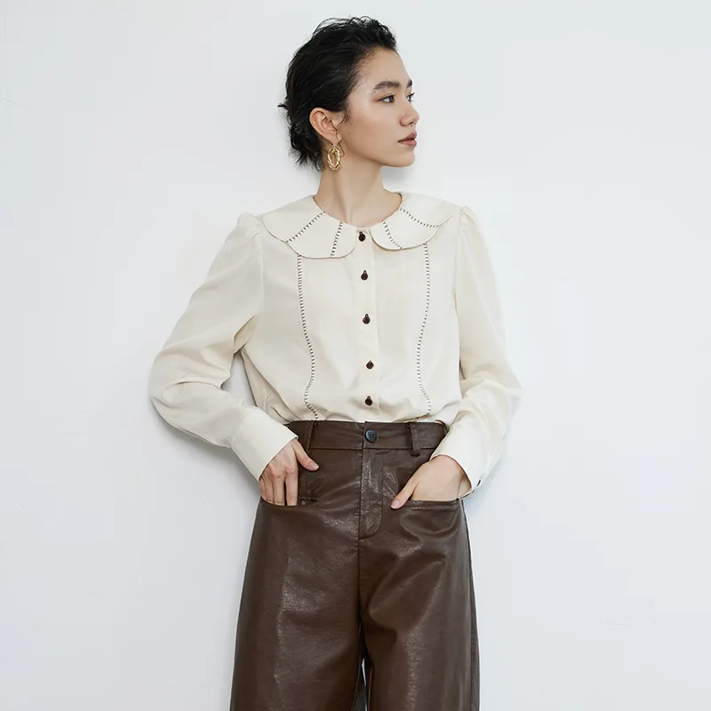 

Spring and Summer Elegant Doll Collar Shirt Female Temperament Age-reducing Contrasting Arch Design Petal Collar Shirt