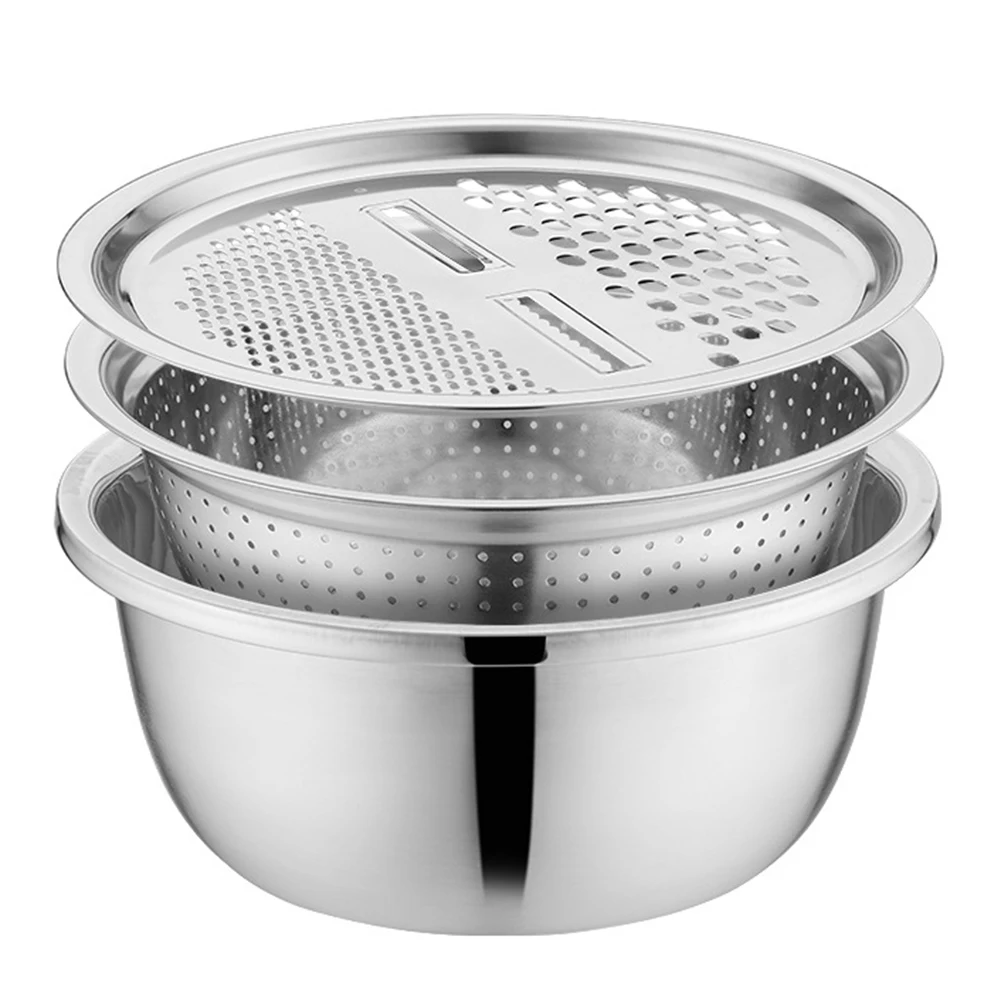 

3pcs stainless steel pot vegetable cutter slicer drain basket sieve Colanders Kitchen Tool grater strainer Rice Washing Filter