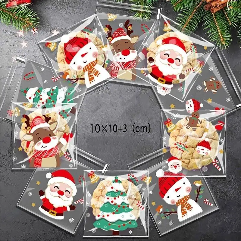 100Pcs Christmas Self‑Adhesive Treat Bags, Santa Reindeer Snowman Prints For Xmas Party Candy Cookie
