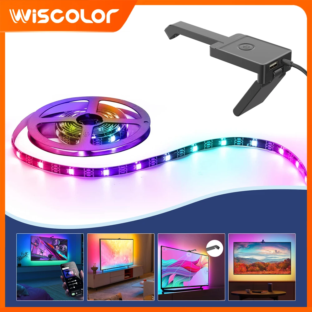 

Светодиодная лента RGB с USB-подключением, неоновая подсветка с датчиком цветового гамма, управление через приложение, синхронизация с музыкой, для телевизоров 65 дюймов, мониторов компьютеров, игр