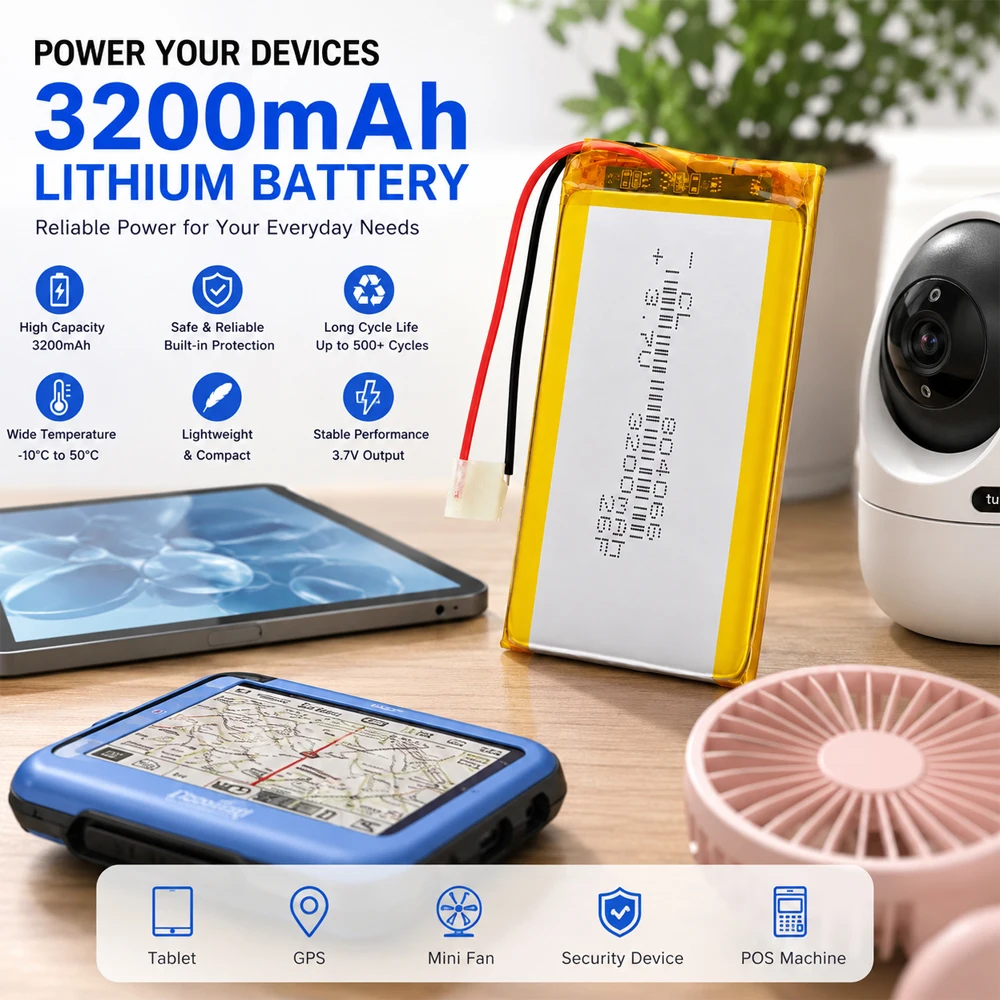 3.7V 3200mAh Li Polymer Battery 804066 Rechargeable Lithium Battery 66x40x8mm with Wire for DIY Electronics GPS Bluetooth Device