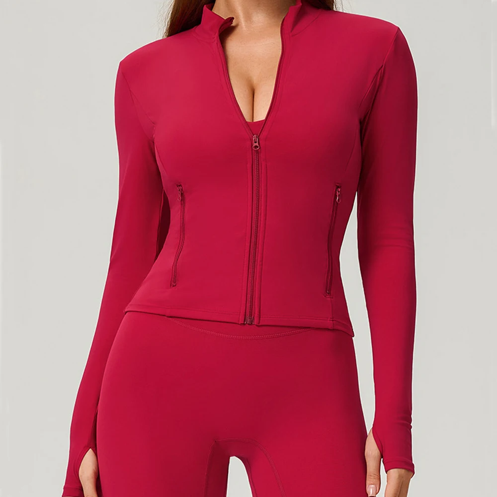 Women Outdoor Sports Long Sleeved Slim Yoga Clothes Quick Dry Zipper Cardigan Stand Up Collar Jacket Running Fitness Jacket Top