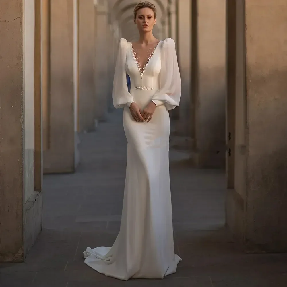 Semplice ed elegante abito da sposa a sirena bianca 2024 Sexy scollo a v senza schienale con perline di cristallo manica a sbuffo sposa ufficiale Vestido de Novia