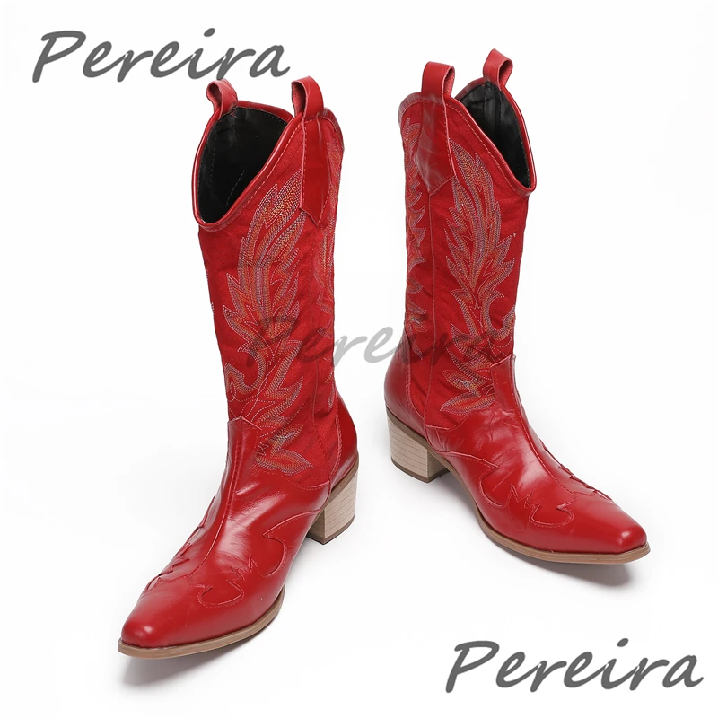 Men's Red Genuine Leather Chelsea Boots Handmade Embroidered Pointed Toe High Top Boots Autumn Winter New Casual Business Shoes