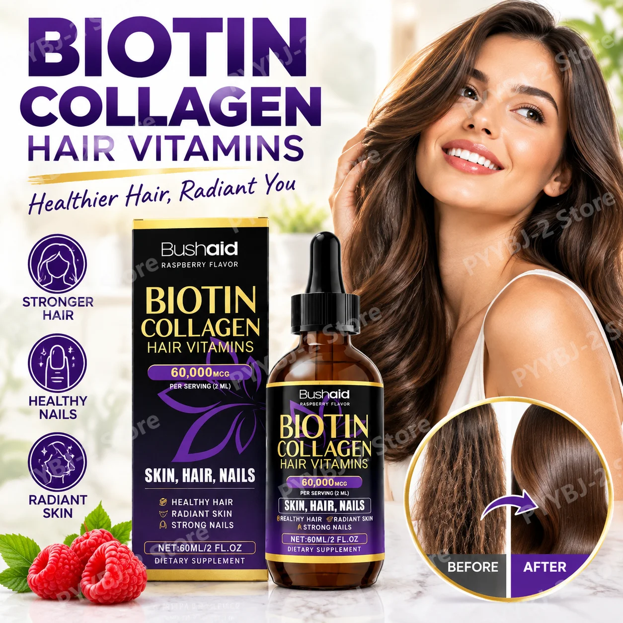 Liquid Biotin & Collagen Drops 60,000 mcg for Hair Growth, Skin & Nails Support for Women & Men, Raspberry, 60ml, 30 Servings