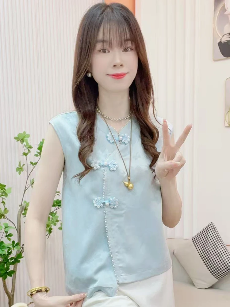 패셔너블한 슬림핏 버튼업 여성용 탑, 한국 스타일, 루즈핏, 라운드넥, 통기성 좋은 여름용...