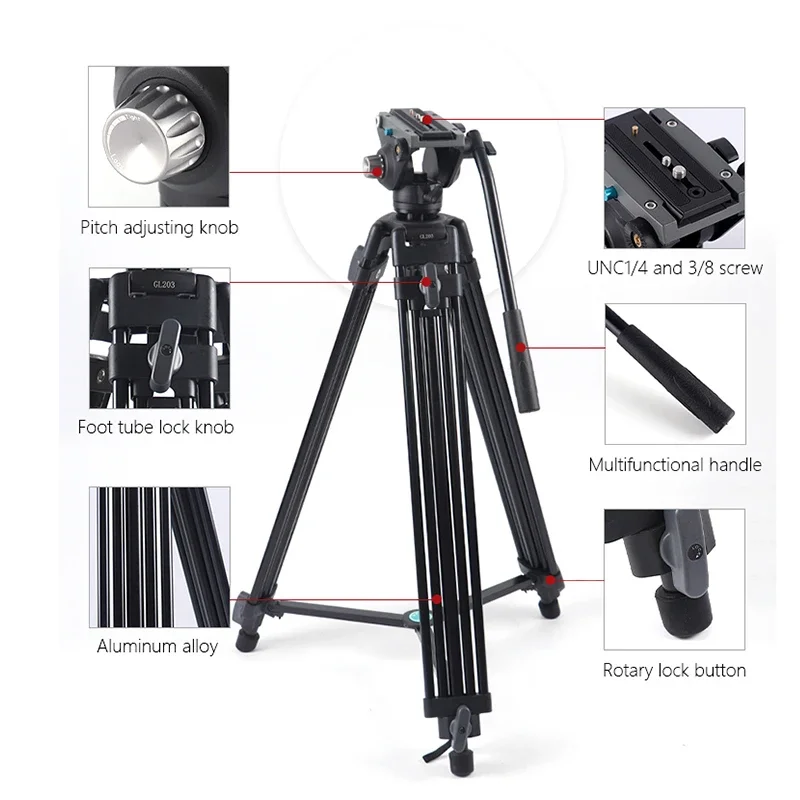 Propessional 180CM Heavy Duty Aluminum Alloy  tripod stand  with Fluid Drag Head Tripod Vlogging Dslr  Video Camera Tripod