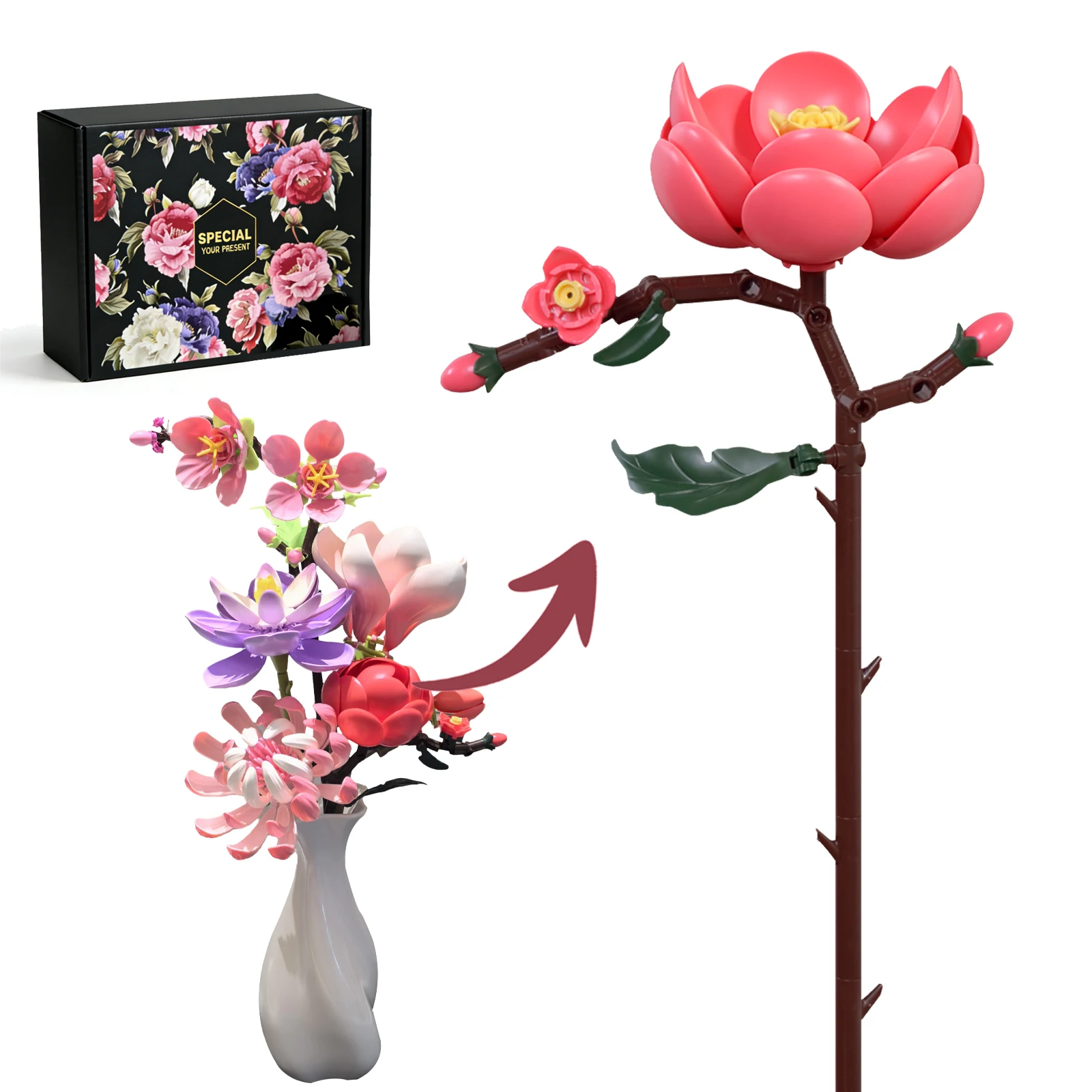 Camellia Blossoms Building Block Bouquet Flowers Featuring Gradient Petal Details Ideal for Tabletop Display Home Deco（63 PCS）