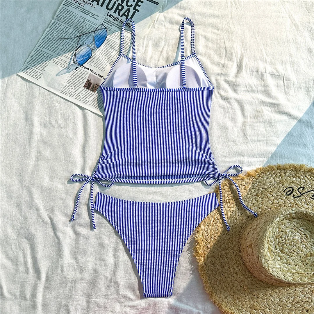 Gestreifter Tankini-Bikini mit hohem Beinausschnitt, zweiteiliger Badeanzug für Damen, gepolsterter Badeanzug, Badebekleidung, Modell V7443. – Detail 9