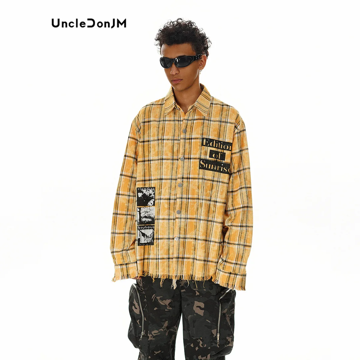 UNCLEDONJM Yellow Checked Long-sleeved Shirt Designer Clothes Men Y2k Shirt for Men