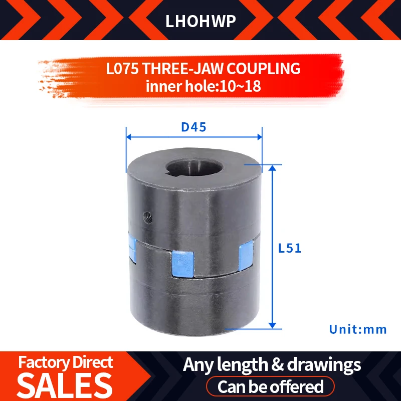 

L075 D45L51 Inner Hole 10/12/14/15-25mm Three Jaw Coupling Plum-Coulper Servo Motor Star Couplings High Torque