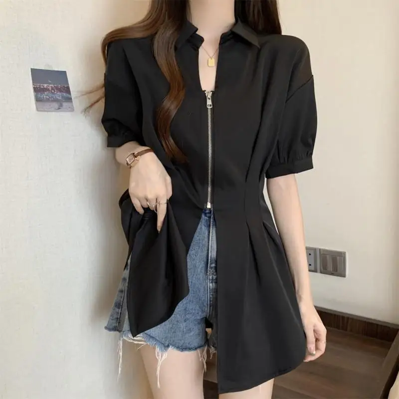 女性用シフォンシャツ,ジッパー付き,無地,プリーツ,ルーズフィット,オフィスブラウス,婦人服,新しいファッション,夏,2022