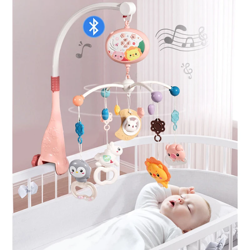 Baby Crib Mobile Bed Bell Rattle Sensory Toys with Music and Light Automatic 360 Rotation Remote Control Baby Bed Bell Toys