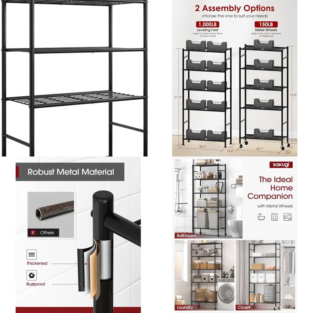 

5-Tier Adjustable Metal Shelf Organizer with Wheels, Heavy-Duty Storage for Kitchen, Pantry, and Closet, 33.1x12.6x73.5, Black
