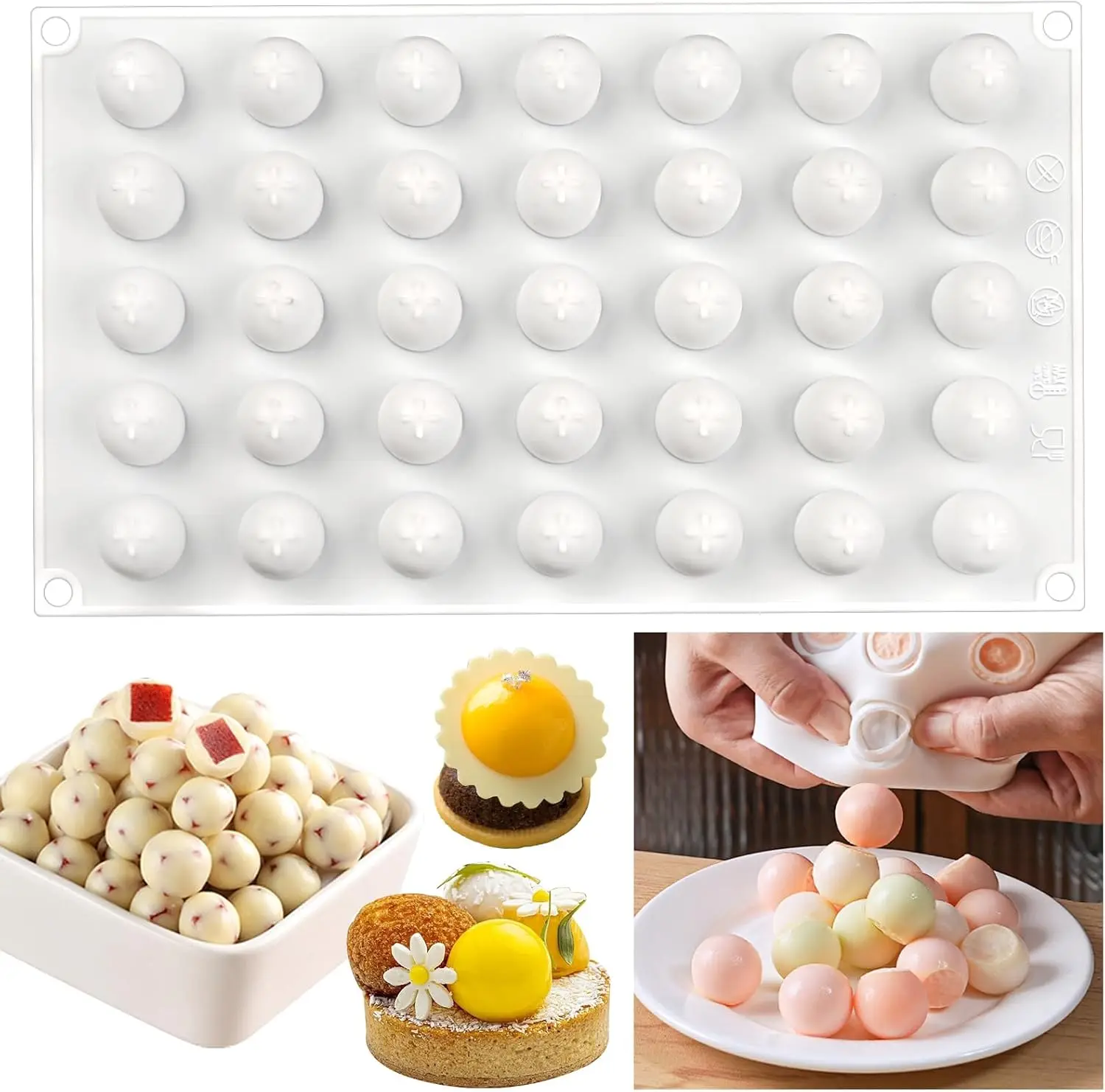 3D Mini Round Ball Silicone Molds for Mousse Cake,35 Cavity Pudding Mold for Baking Pastry, Ice Cream, Candy Ice Jelly Pop Maker