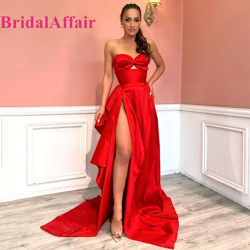 

BridalAffair Red A-Line Prom Evening Dresses Sweetheart High Split Party Dress Floor Length Saudi Arabia Cocktail Gown Plus Size