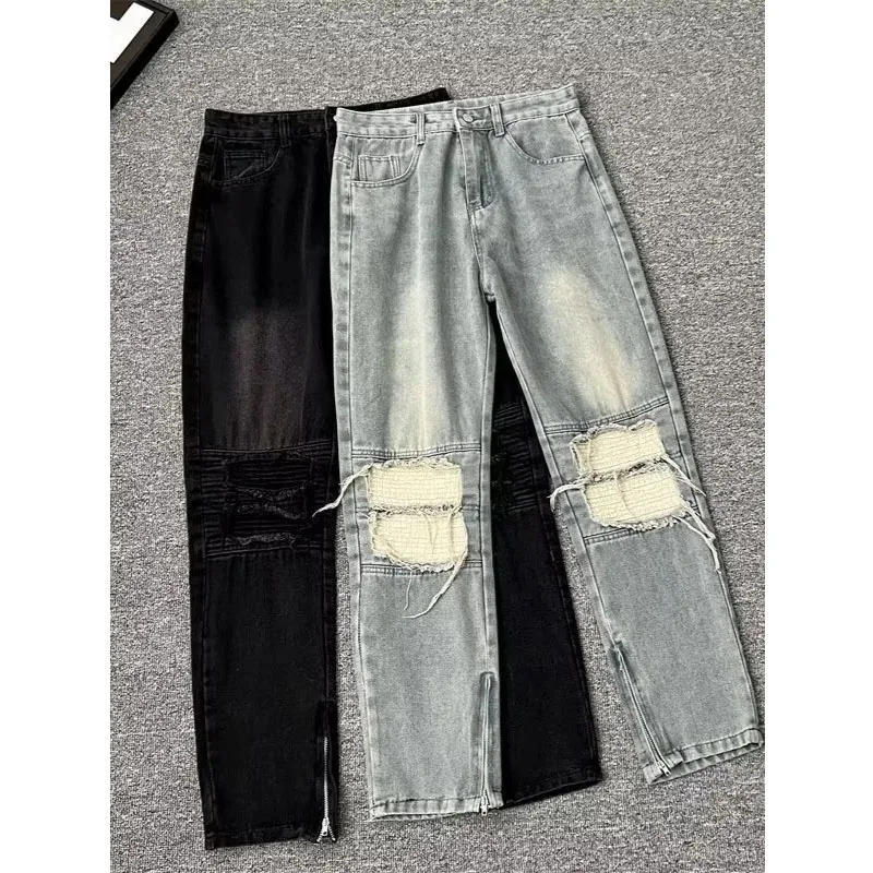 

Джинсы с дырочками на молнии в стиле ретро, уличные брюки, модные прямые свободные брюки-джокер с высокой талией, удобные повседневные брюки на пуговицах