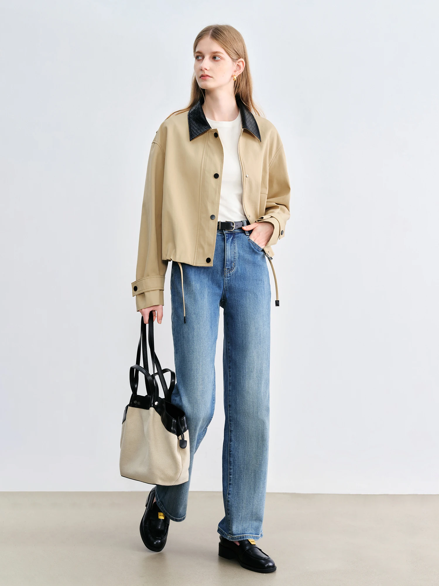 ZIQIAO Otoño 2025 Chaqueta corta estilo granja vintage para mujer - Top informal de otoño con cuello texturizado y corte recortado para oficina