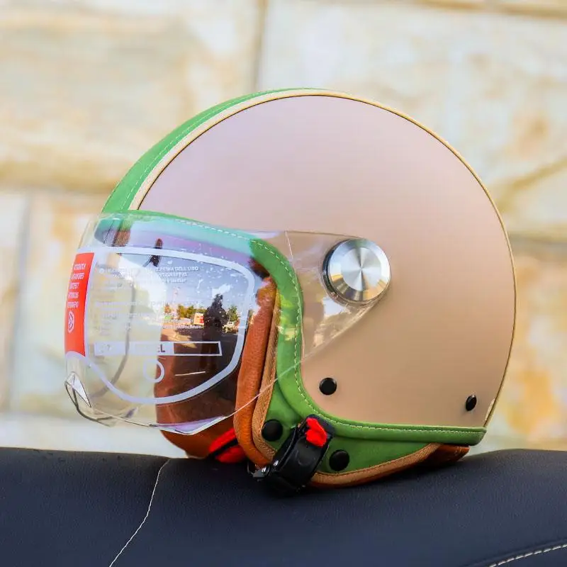 Retro brown cruise motorcycle helmet, three quarters motorcycle rider,woman half-helmet, electric bottle bike couple
