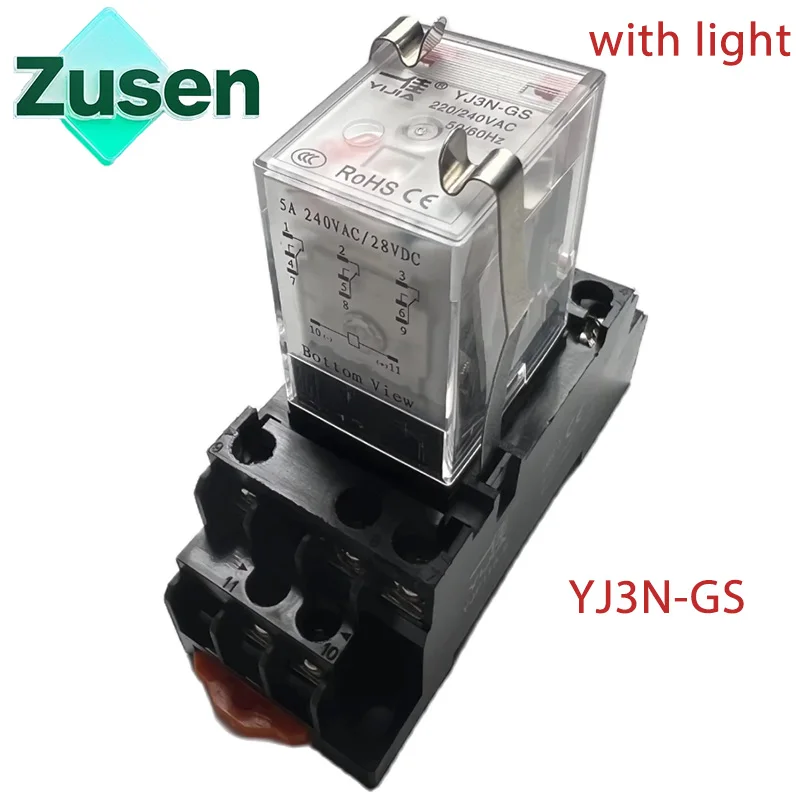 Zusen YJ3N-GS AC 220V DC 12V 24V 3A Coil Small Intermediate Relay Low Power 3 Groups of 11 Pins with Lights