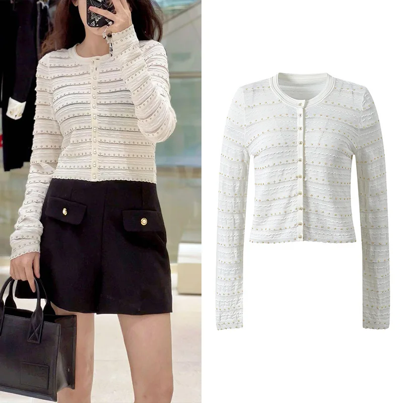 

Elegant White Knitted Heavy Embellished Open Cardigan High-End Version European Style Women's Fashion Top Class Pearls Decora...