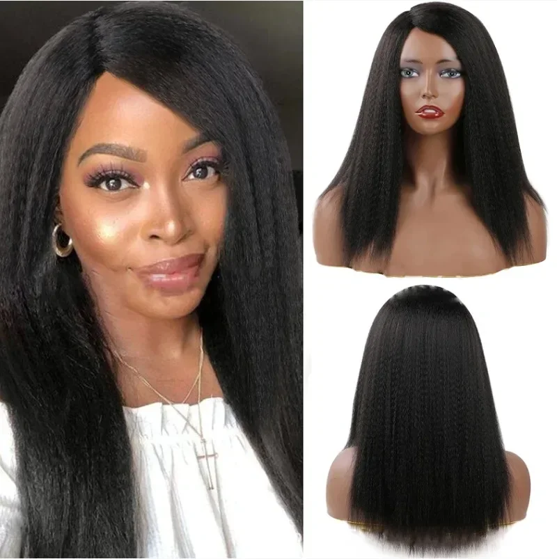 Kinky Curly Afro Synthetic Hair Yaki Straight Wig Cosplay Women's Wigs Black Short Real Natural Female Medium Part Hair on Sale