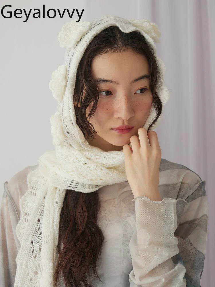 

Милый однотонный шарф в японском стиле для девочек, универсальный однотонный шарф ручной работы, 3D вязаный крючком, полые вязаные шарфы с капюшоном, утеплитель для шеи