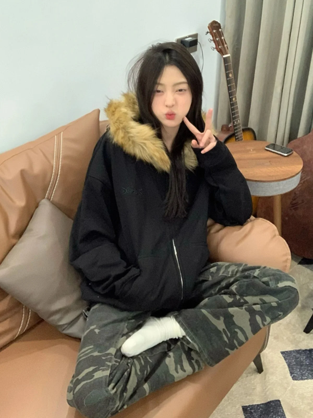 Bla Hooded Jaet Women's Spring Autumn Thin Fur Collar American Retro Open Cardigan Top Street Sle Long Sve Zipper