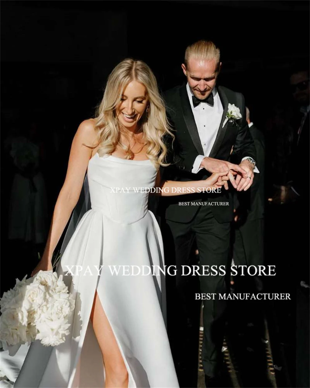 XPAY Elegant Strapless A Line Wedding Dresses Satin Pleats Sleeveless Bridal Gown High Side Split Backless Bridal Dress 2024