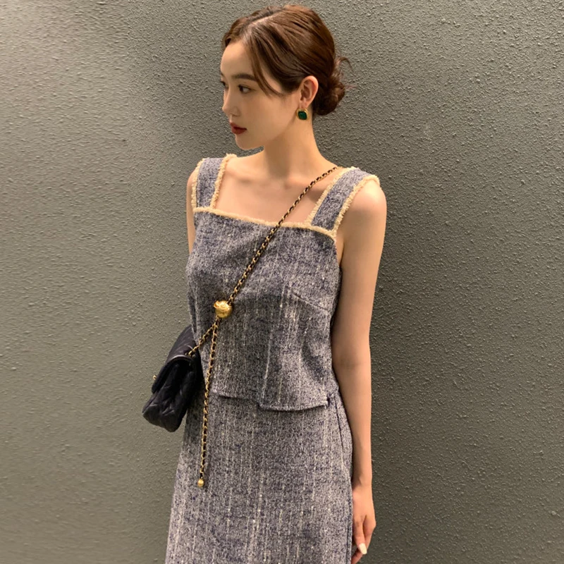 

Chic Summer Lace Trim High Waist Vest And Long Skirt Set Square Collar Tassel Trim Slimming Effect Faionable Women's Ensemble