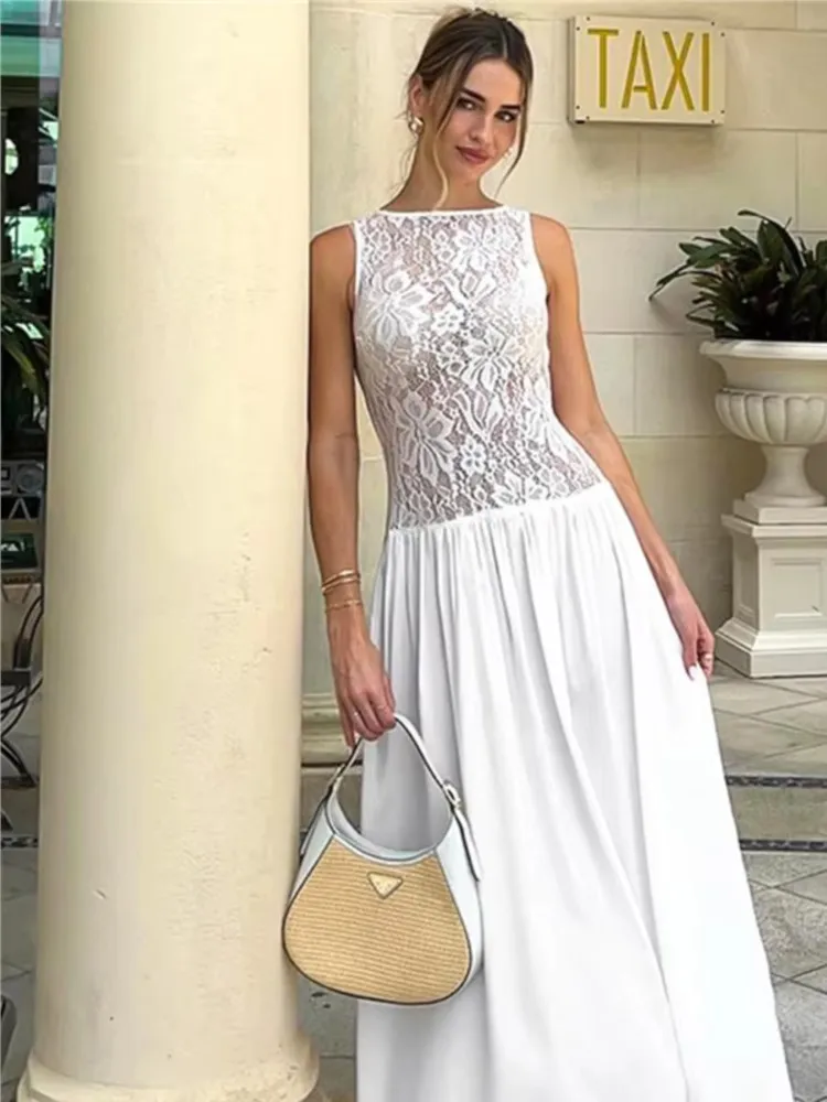 Elegant White Long Dress Women Lace Print Patchwork See-Through Sleeveless Maxi Dresses 2025 New Summer Gown Evening Party Dress