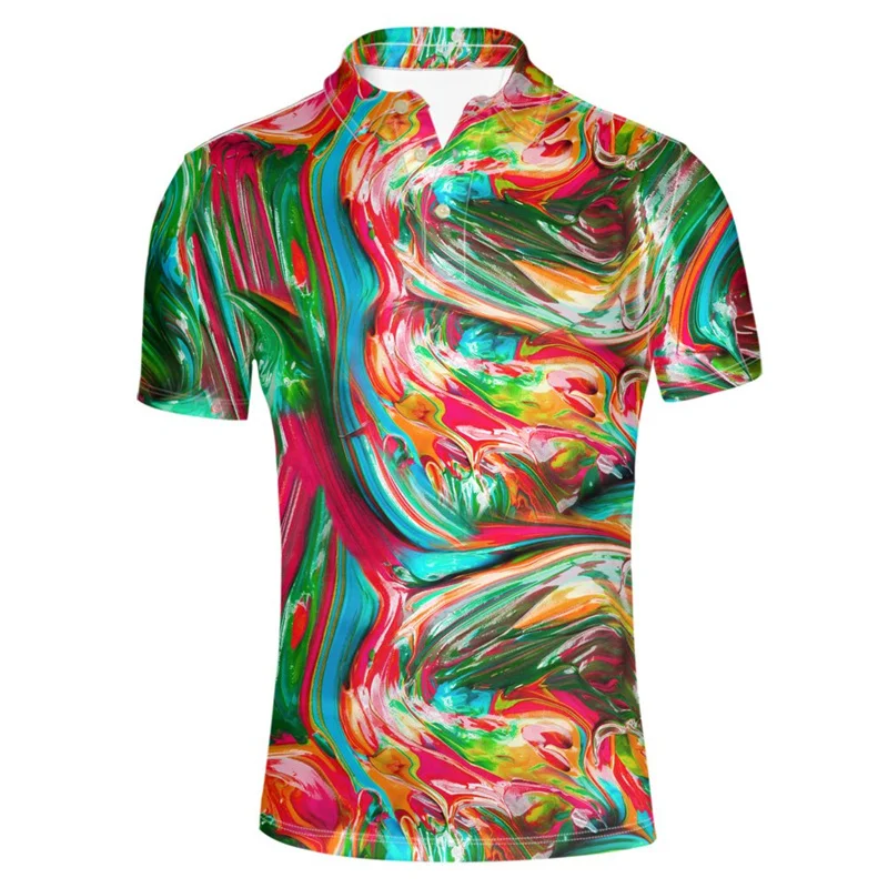 Colorful Pigment 3d Print Polo Shirt For Men Cool Loose Short Sleeves Summer Casual Street Button Lapel Tees Oversized T-Shirt