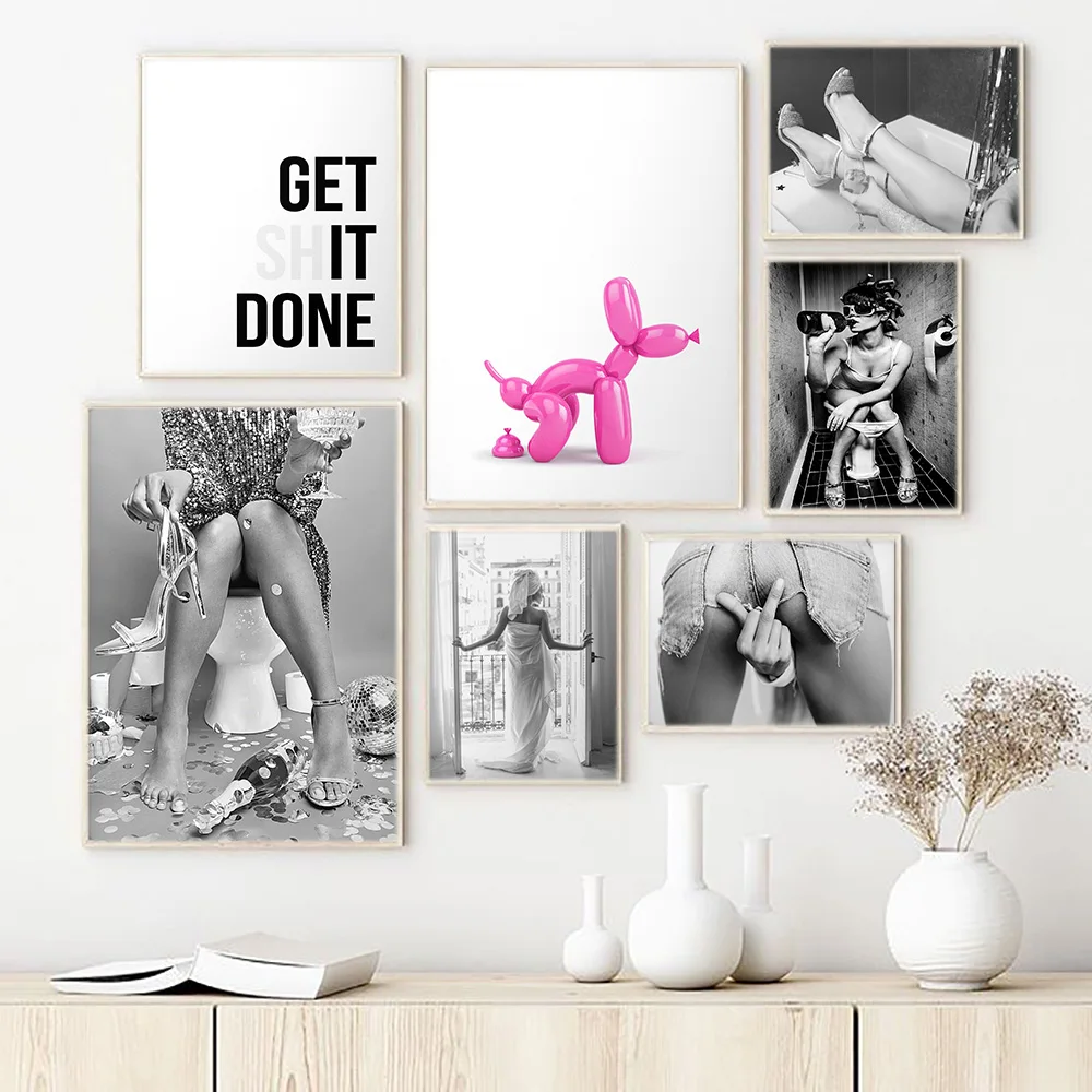 Modern Toilet Sexy Woman Canvas Prints Bar Girl Drinking Bathroom Picture Poster Fashion Black White Roll Paper Painting Deco
